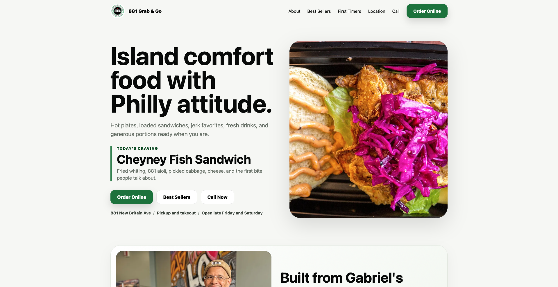 881 Grab and Go restaurant homepage featuring the Cheyney Fish Sandwich