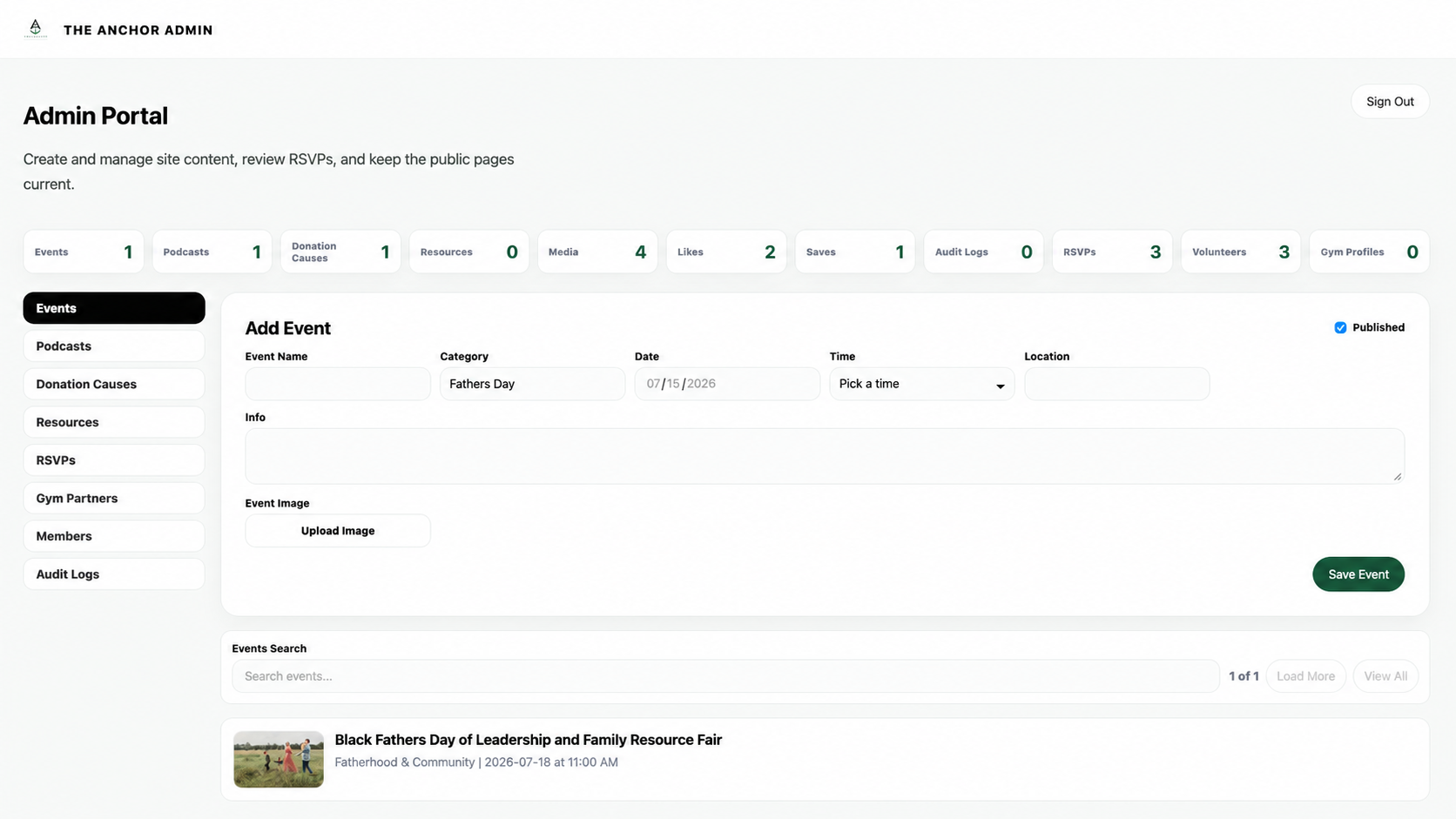 The Anchor Collective admin portal