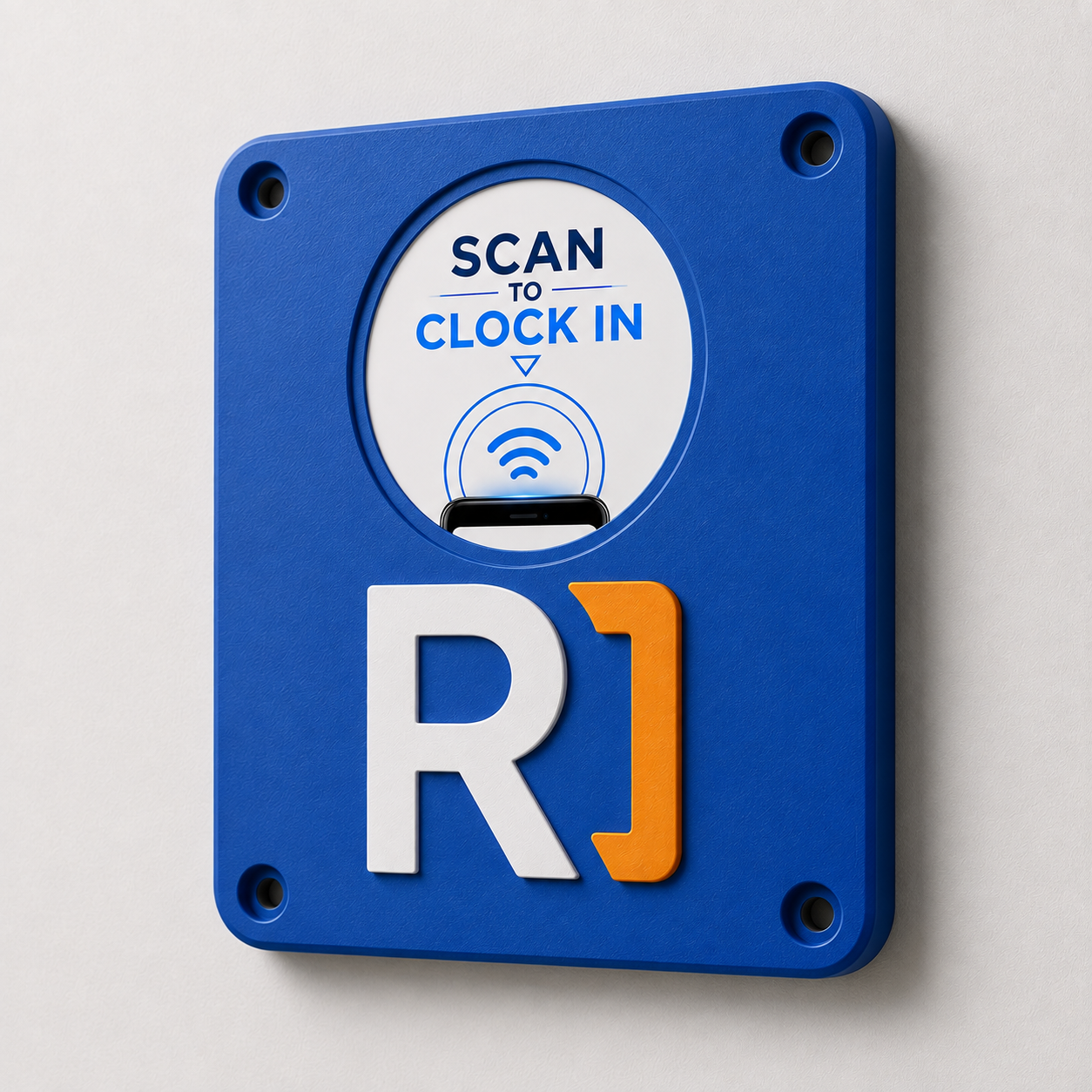 Blue RE IMAGE Scan to Clock In wall mount