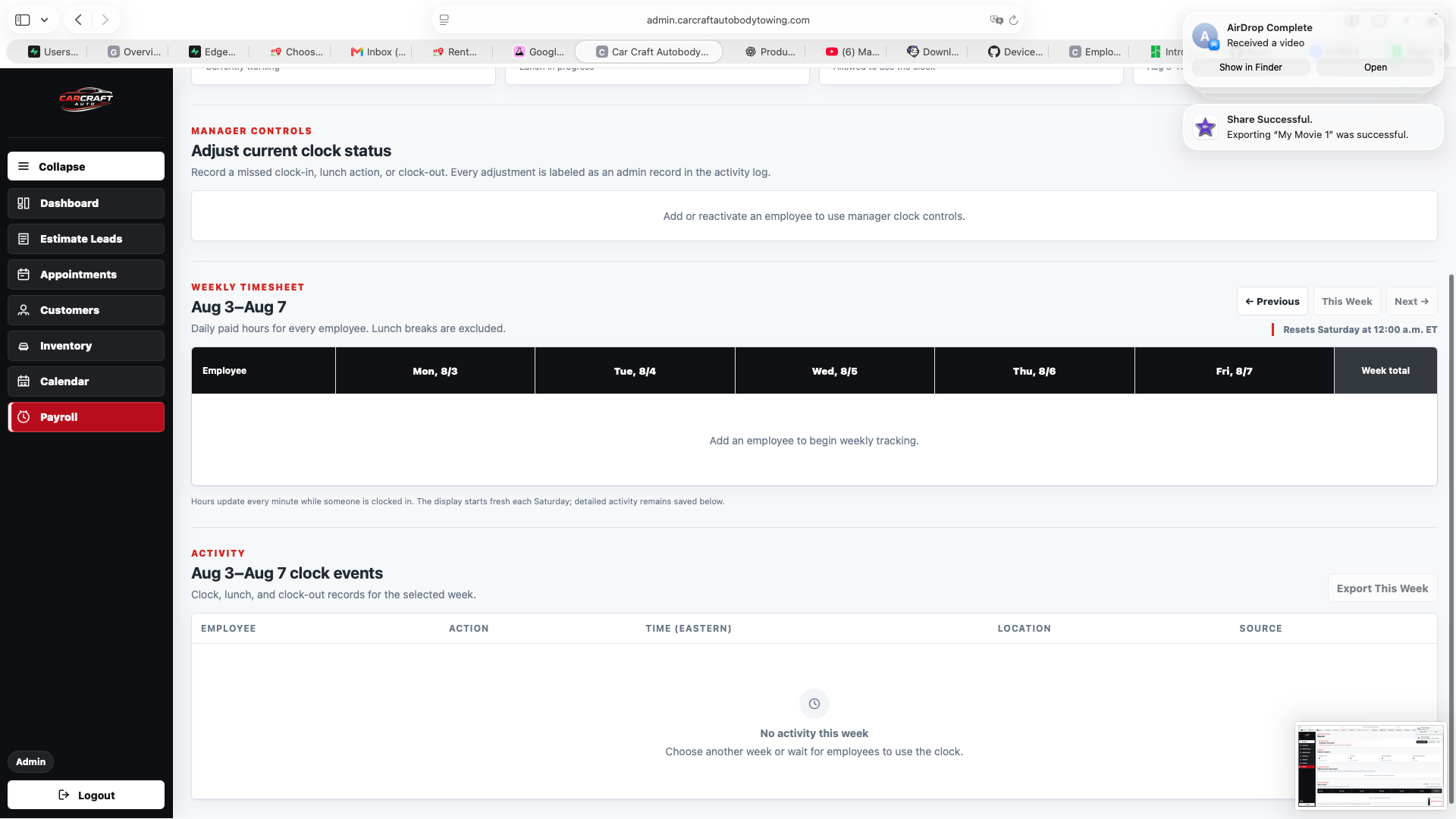 Manager weekly timesheet and clock activity screen