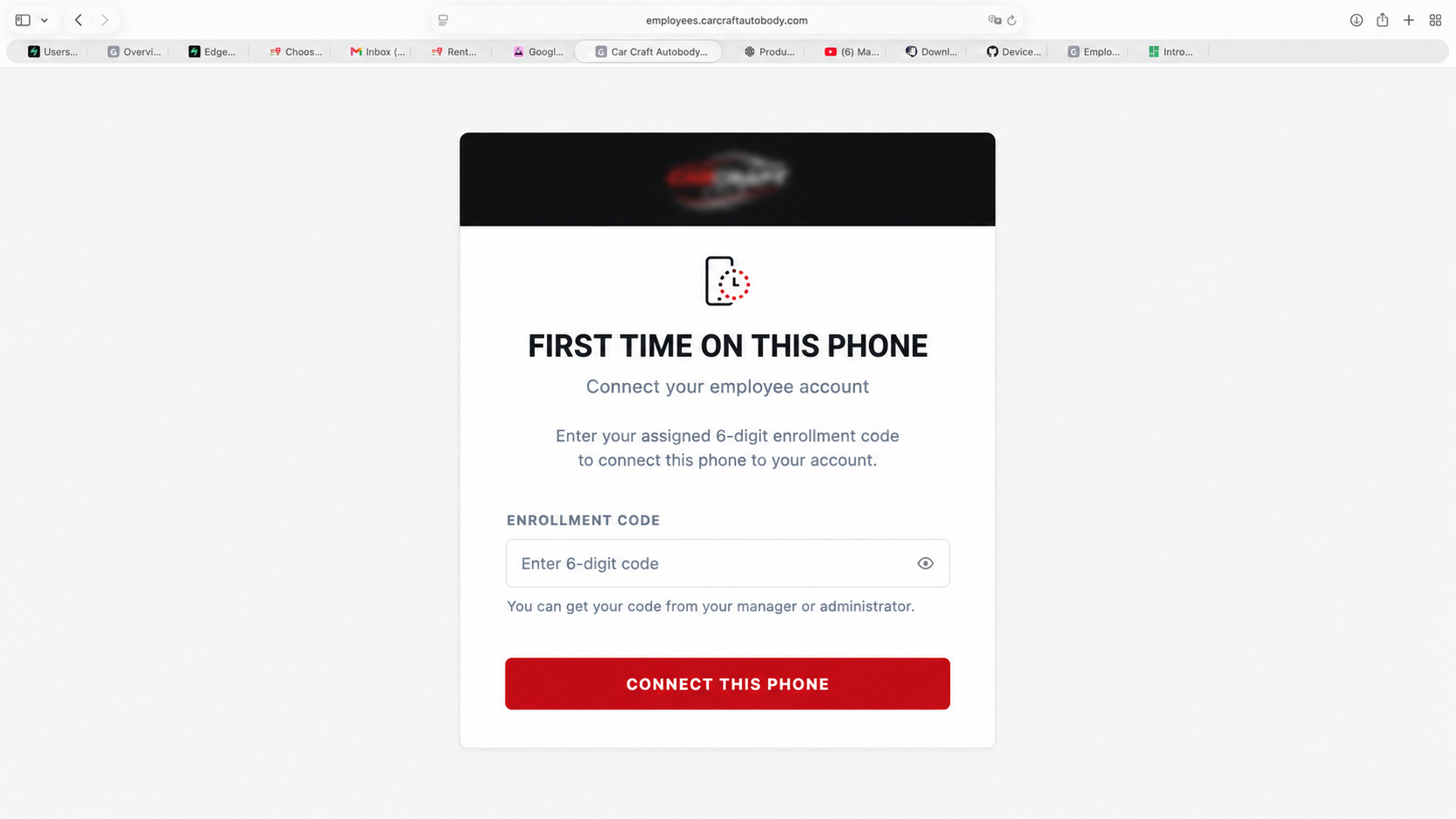 Employee time clock enrollment screen with the client logo obscured