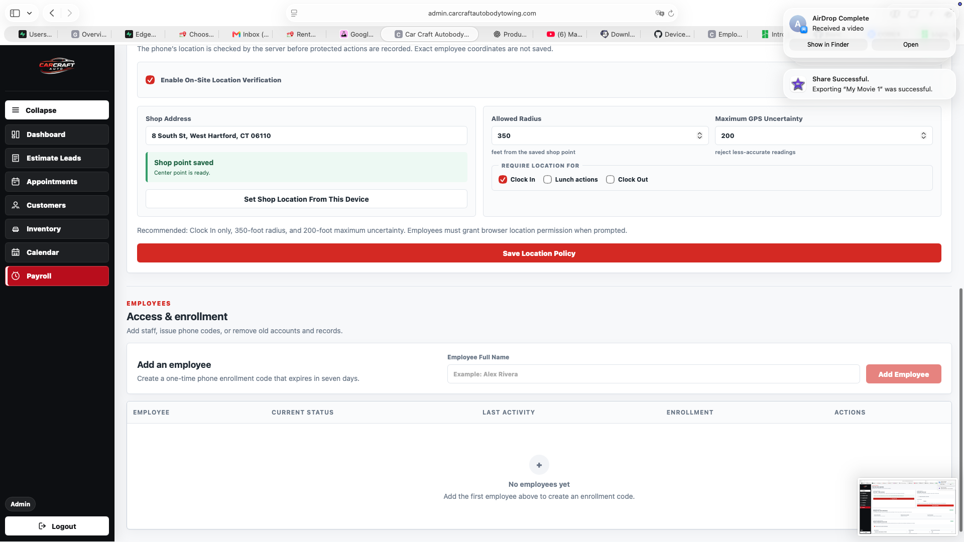 Manager location verification and employee enrollment screen