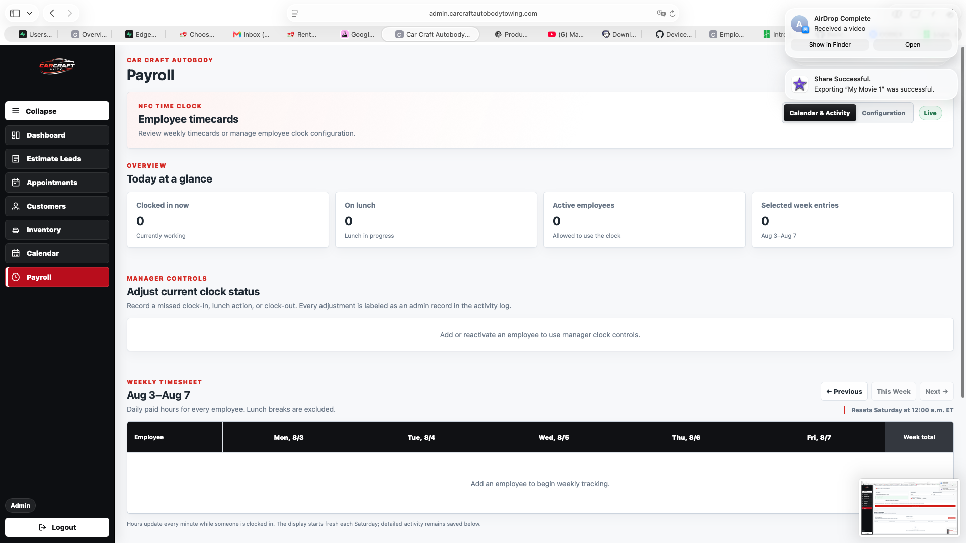 Manager employee timecards dashboard