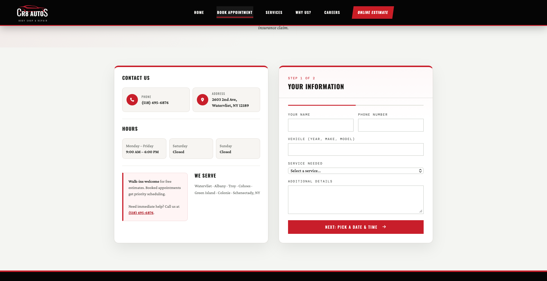 CR8 Autos appointment booking form