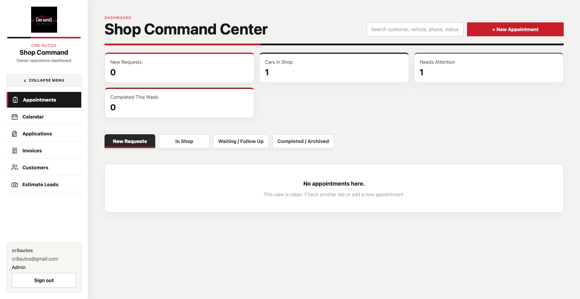 CR8 Autos Shop Command Center admin dashboard