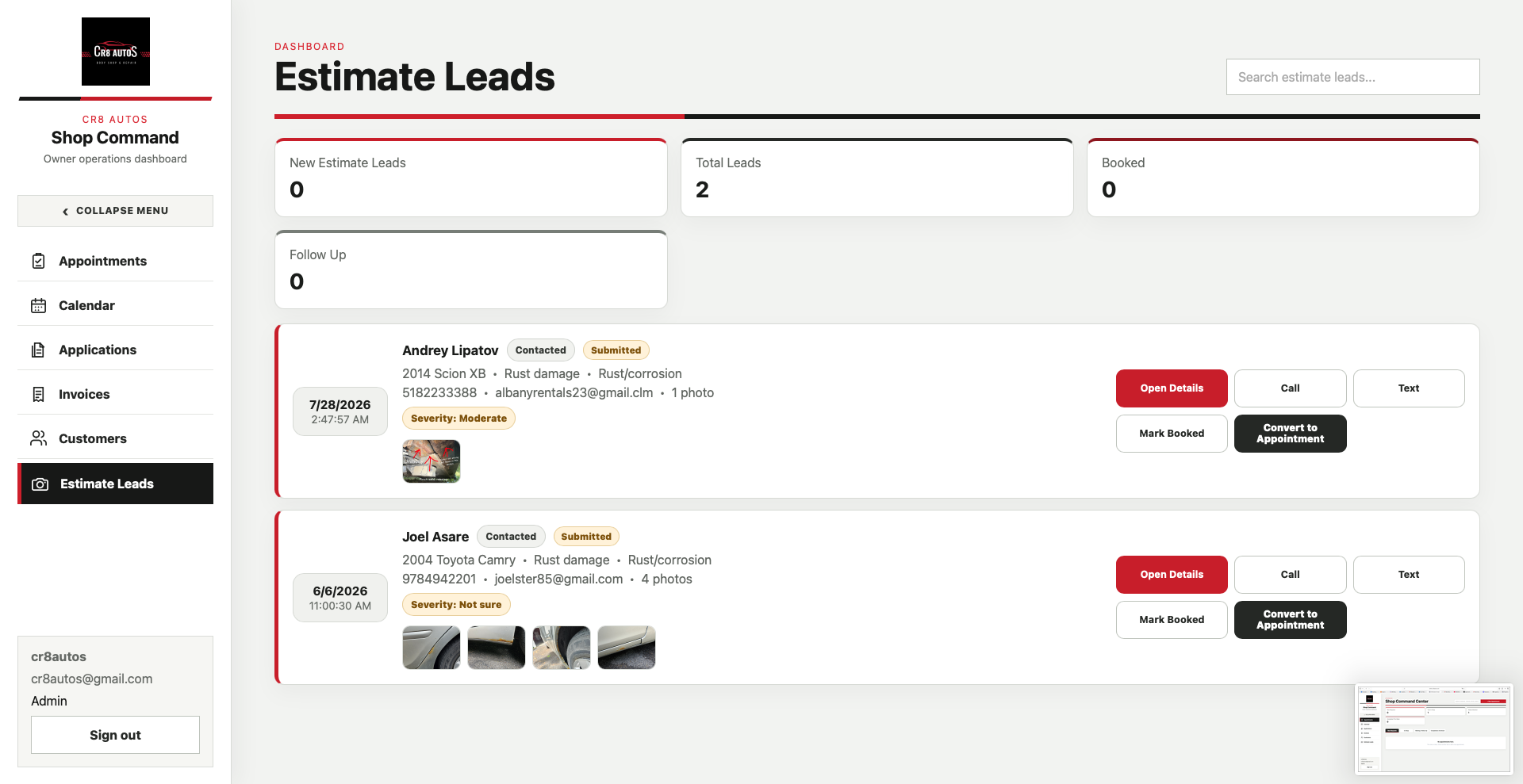 CR8 Autos estimate leads admin dashboard