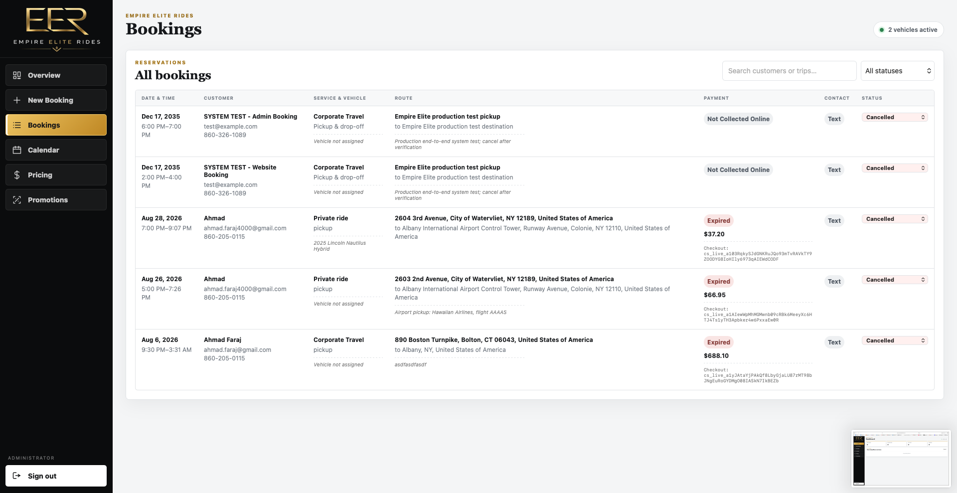 Empire Elite Rides admin booking manager