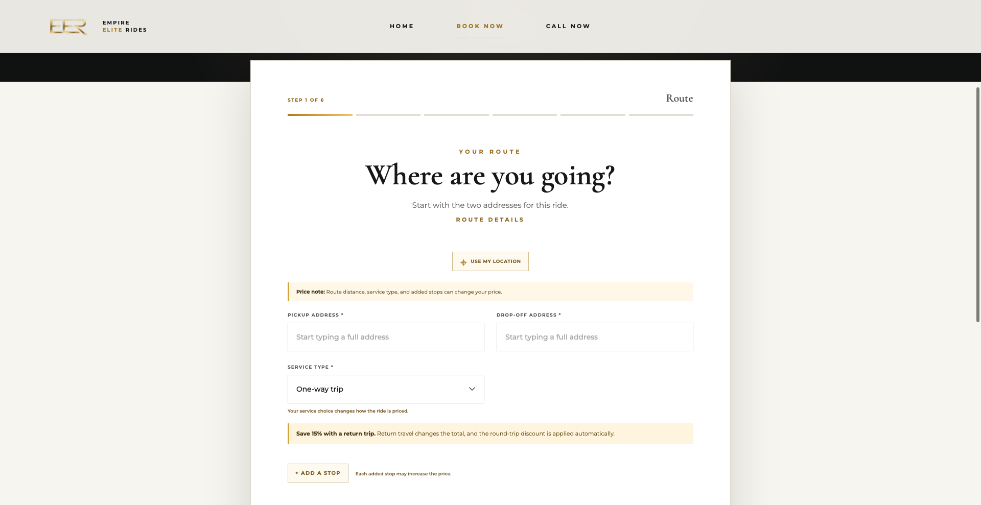 Empire Elite Rides six-step booking flow