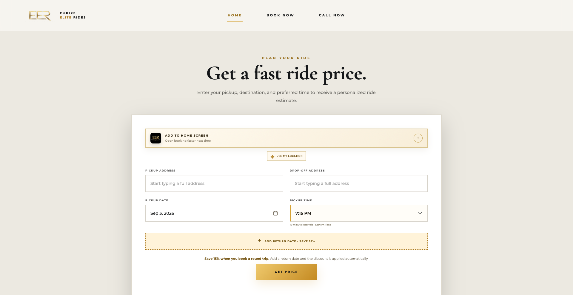 Empire Elite Rides instant ride pricing page