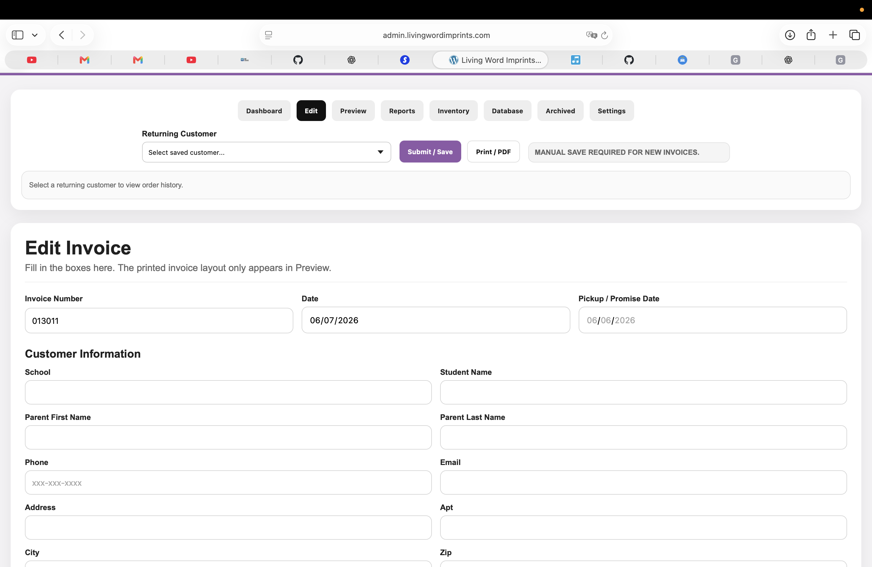 Living Word Imprints edit invoice screen