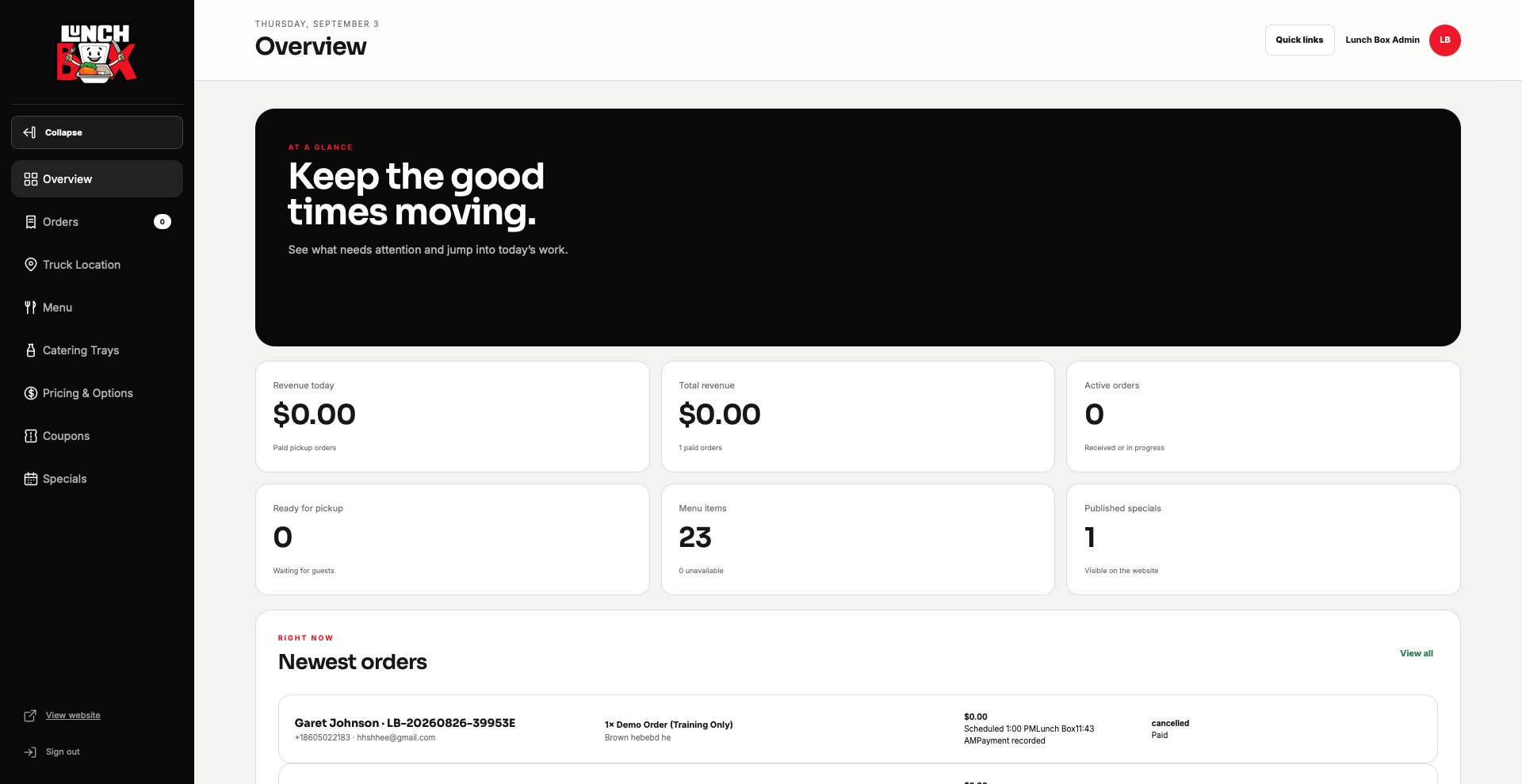 Lunch Box admin portal overview