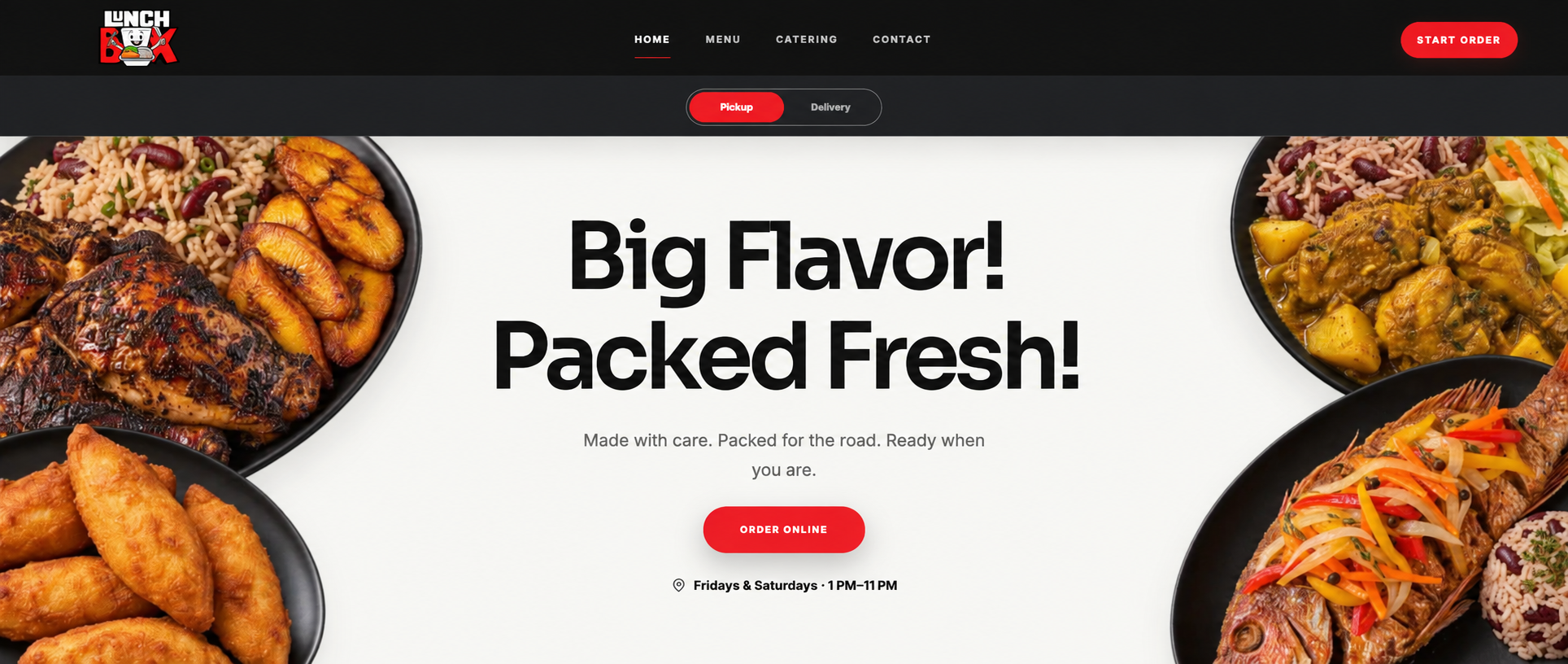 Lunch Box homepage with Big Flavor! Packed Fresh! hero and online ordering