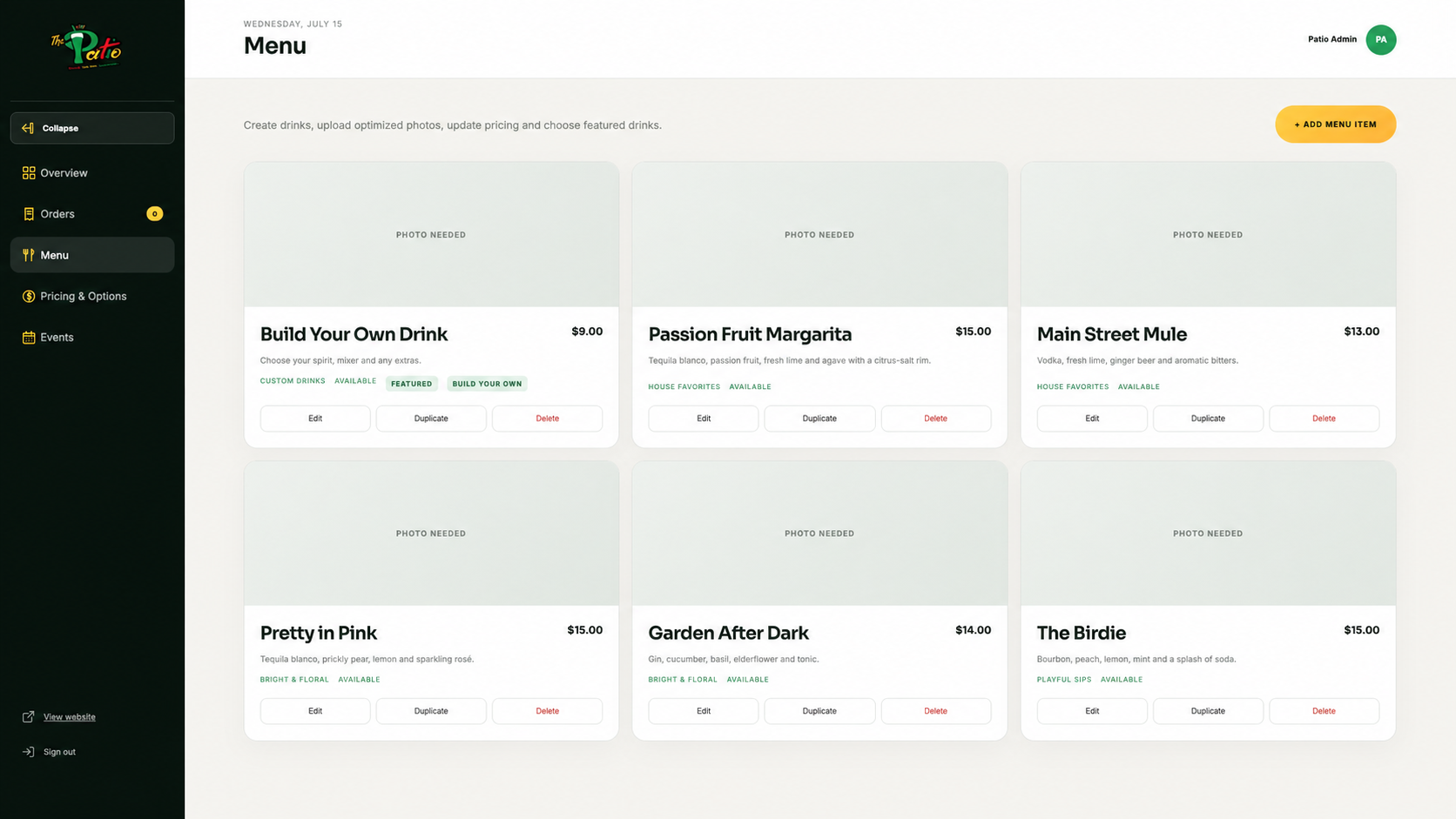 The Patio menu admin portal