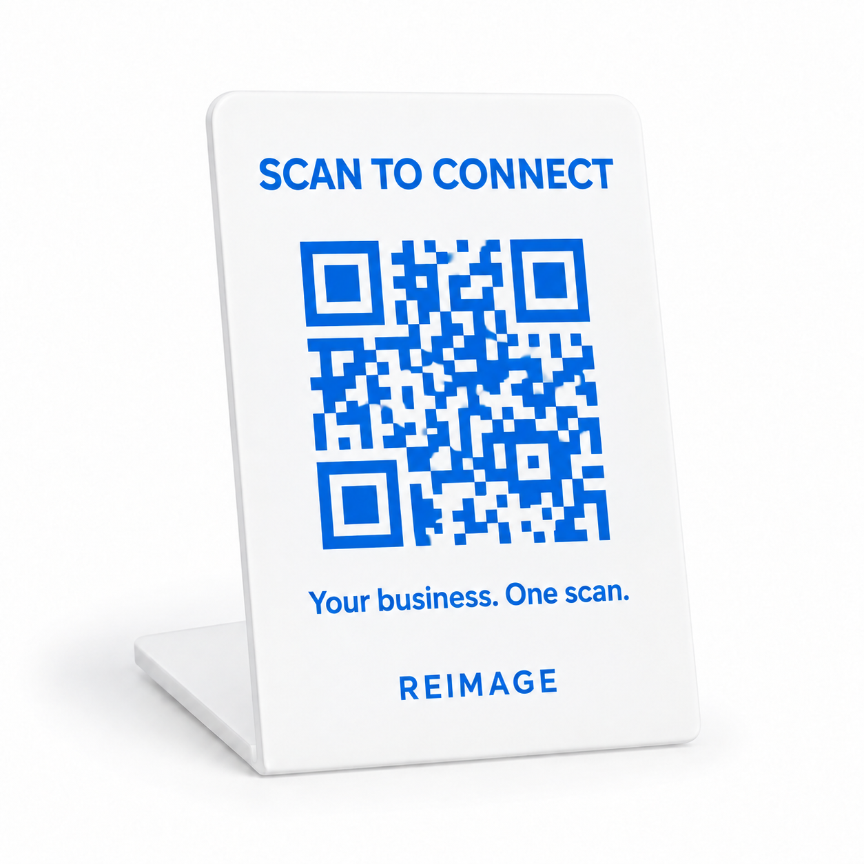 White countertop QR display stand with blue lettering and a blue QR code