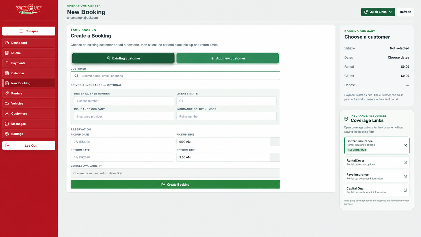Rent Me CT admin booking workflow