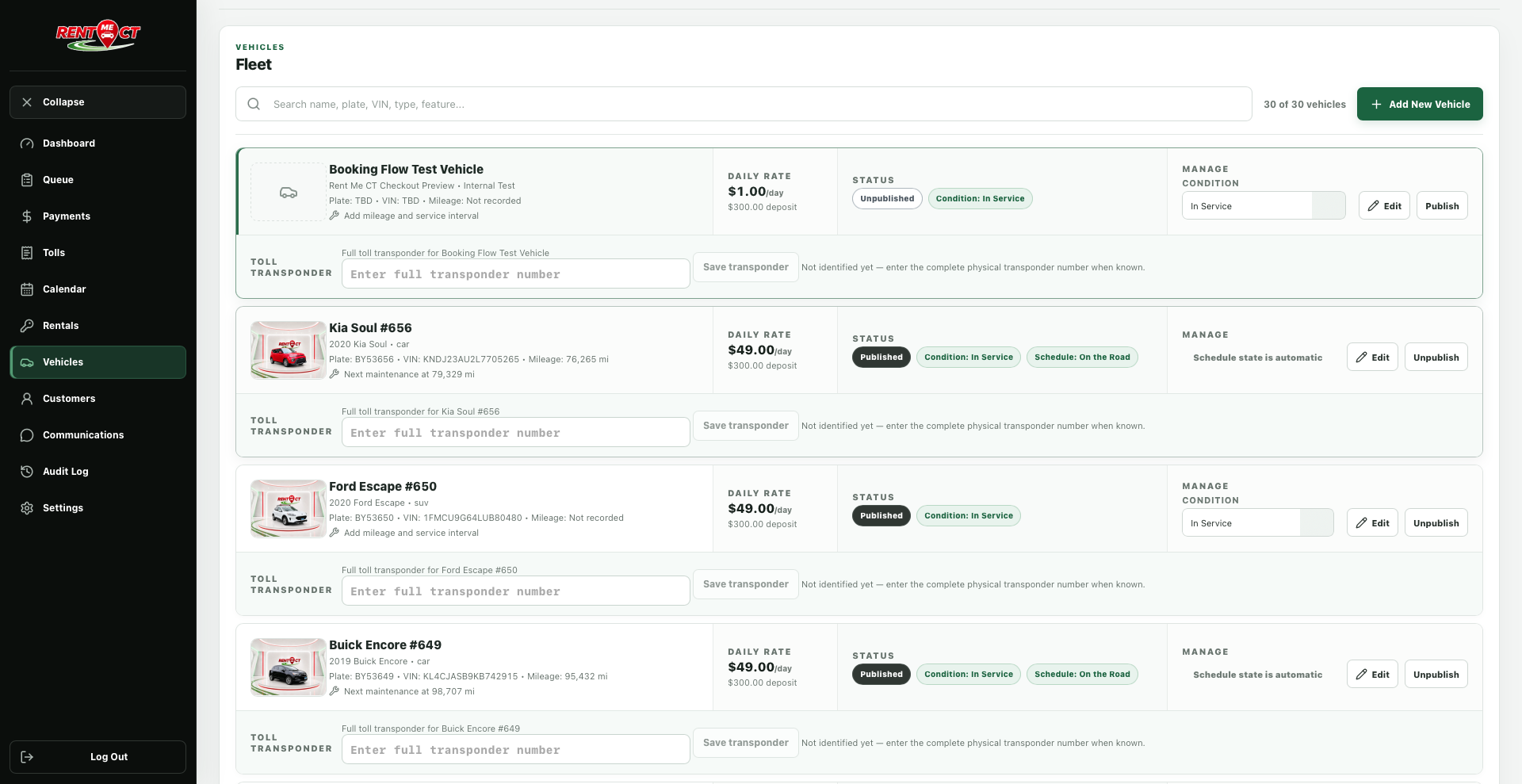 Rent Me CT admin fleet management screen