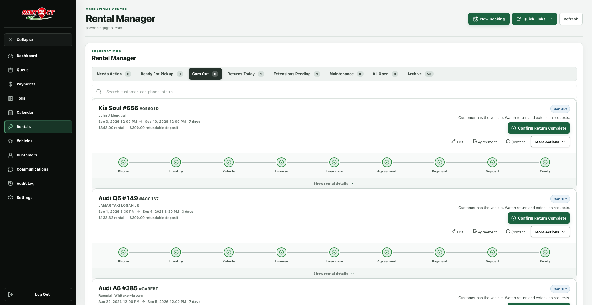 Rent Me CT rental manager operations screen